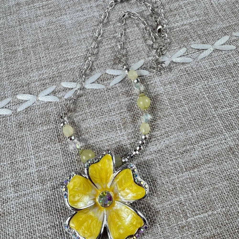 Yellow Rhinestone Flower Pendant Necklace